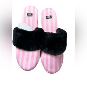 Victoria’s Secret Pink Striped Slippers With Black Faux Fur Trim